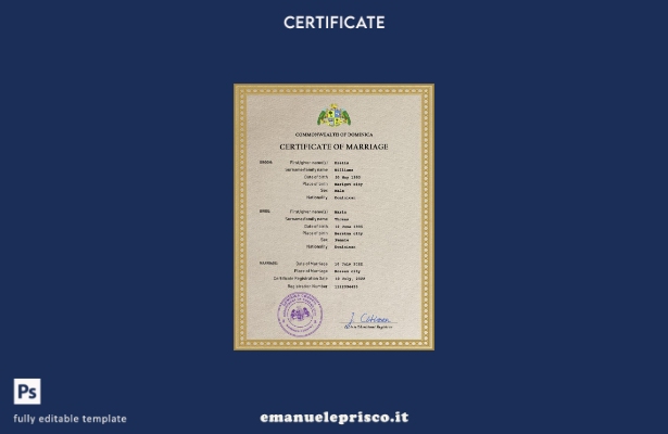 modello PSD di certificato di matrimonio Dominica in stile verificato